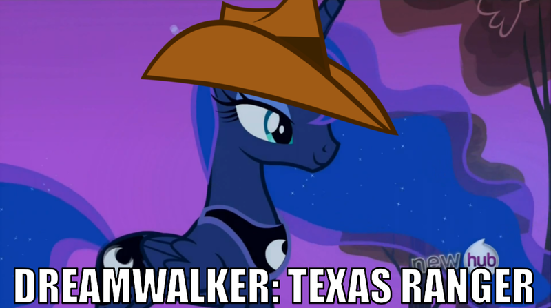 Size: 1002x560 | Tagged: chuck norris, derpibooru import, dream walker luna, edit, edited screencap, hat, hub logo, image macro, parody, princess luna, safe, screencap, sleepless in ponyville