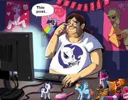 Size: 845x665 | Tagged: applejack, brony, brony stereotype, brush, can, caricature, chips, computer, derpibooru import, fat, fat human, human, pinkie pie, poster, rainbow dash, rarity, reaction image, soda, stereotype, suggestive, twilight sparkle
