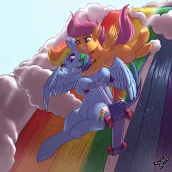 Size: 1280x1280 | Tagged: safe, artist:kevinsano, derpibooru import, rainbow dash, scootaloo, pegasus, pony, sleepless in ponyville, action pose, belly button, duo, falling, female, filly, flying, mare, open mouth, rainbow, scootalove, scooter, smiling, sweat, waterfall