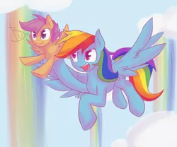 Size: 2950x2450 | Tagged: safe, artist:blackswhites, derpibooru import, rainbow dash, scootaloo, pegasus, pony, sleepless in ponyville, duo, female, filly, flying, mare, open mouth, scene interpretation, scootalove, spread wings, wing fluff, wings, winsome falls