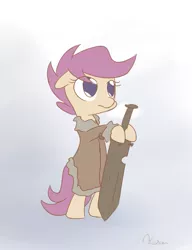 Size: 515x671 | Tagged: artist:alasou, a song of ice and fire, brace yourselves, clothes, coat, crossover, derpibooru import, eddard stark, game of thrones, parody, ponified, safe, scootaloo, solo, wooden sword