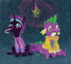 Size: 500x451 | Tagged: alicorn, alicorn oc, artist:cygaj, christmas, clothes, derpibooru import, dragon, duo, female, filly, mistletoe, nyxmas, oc, oc:nyx, safe, spike, sweater