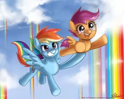 Size: 1100x880 | Tagged: safe, artist:johnjoseco, derpibooru import, rainbow dash, scootaloo, pegasus, pony, sleepless in ponyville, carrying, cute, cutealoo, dashabetes, duo, female, filly, flying, foal, grin, happy, mare, open mouth, rainbow waterfall, scene interpretation, scootaloo can fly, scootalove, smiling, tears of joy