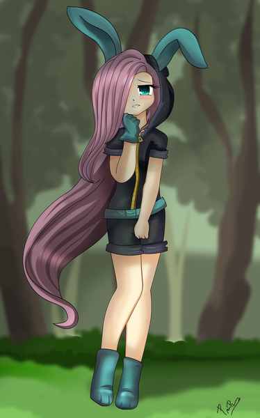 Size: 1280x2053 | Tagged: artist:pridark, blushing, bunny ears, clothes, cute, dangerous mission outfit, derpibooru import, female, fluttershy, gloves, hair over one eye, hoodie, humanized, looking at you, safe, shyabetes, solo