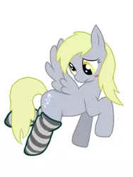 Size: 600x800 | Tagged: safe, artist:yoshio, derpibooru import, derpy hooves, pegasus, pony, blushing, clothes, female, mare, pixiv, socks, solo, striped socks