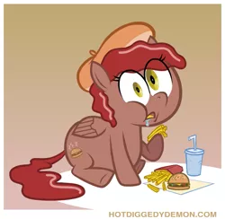 Size: 805x786 | Tagged: artist:hotdiggedydemon, burger, burgette, cannibalism, caught, chubby, derpibooru import, eating, food, food pony, french fries, hamburger, oc, original species, ponies eating meat, safe, soda, unofficial characters only