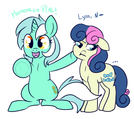 Size: 457x407 | Tagged: safe, artist:lulubell, derpibooru import, bon bon, lyra heartstrings, sweetie drops, earth pony, pony, unicorn, bon bon is not amused, duo, fourth wall, humie, looking at you, simple background, transparent background, unamused