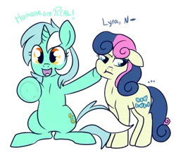 Size: 457x407 | Tagged: safe, artist:lulubell, derpibooru import, bon bon, lyra heartstrings, sweetie drops, earth pony, pony, unicorn, bon bon is not amused, duo, fourth wall, humie, looking at you, simple background, transparent background, unamused