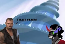 Size: 485x328 | Tagged: safe, derpibooru import, edit, edited screencap, screencap, king sombra, human, pony, unicorn, the crystal empire, crossover, francis, king sombra's stair dimension, left 4 dead, male, man, spiral stairs, stairs, stallion