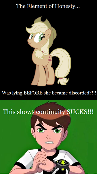 Size: 560x997 | Tagged: applejack, ben 10, ben 10 ultimate alien, ben tennyson, derpibooru import, image macro, liar face, liarjack, omnitrix, safe