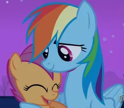 Size: 1031x894 | Tagged: derpibooru import, happy, hub logo, hug, rainbow dash, safe, scootaloo, scootalove, screencap, sleepless in ponyville, winghug