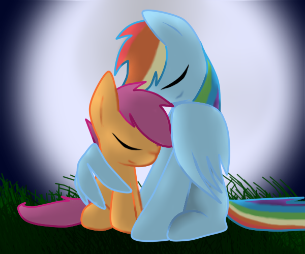 Size: 600x500 | Tagged: artist:idsmehlite, derpibooru import, hug, rainbow dash, safe, scene interpretation, scootaloo, scootalove, sleepless in ponyville, winghug