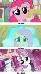 Size: 855x1550 | Tagged: a friend in deed, derpibooru import, edit, edited screencap, floppy ears, fluttershy, frown, hub logo, meta, pinkie pie, puddle, putting your hoof down, rarity, reflection, sad, safe, screencap, sleepless in ponyville, squee, sweetie belle, teary eyes