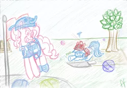 Size: 824x570 | Tagged: animal crossing, artist:hamflo, crossover, derpibooru import, drawfag, nintendo, nintendo land, pinkie pie, rainbow dash, safe, wii u