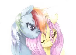 Size: 690x500 | Tagged: safe, artist:flutterdashwhore, derpibooru import, fluttershy, rainbow dash, cuddling, eyes closed, female, floppy ears, flutterdash, lesbian, one eye closed, shipping