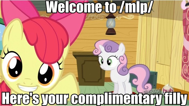 Size: 626x352 | Tagged: 4chan, apple bloom, caption, derpibooru import, edit, edited screencap, hub logo, image macro, /mlp/, one bad apple, reaction image, safe, screencap, sweetie belle