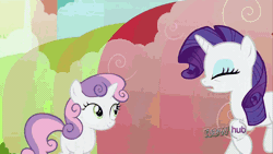 Size: 576x324 | Tagged: safe, derpibooru import, screencap, rarity, sweetie belle, pony, unicorn, sleepless in ponyville, animated, duo, female, filly, foal, galloping, hoofy-kicks, hub logo, mare, rainbow waterfall, rearing, sisters, trotting, winsome falls