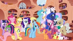 Size: 1600x900 | Tagged: safe, artist:harukohoshiko, derpibooru import, apple bloom, applejack, cheerilee, derpy hooves, fluttershy, mayor mare, pinkie pie, princess celestia, princess luna, rainbow dash, rarity, scootaloo, spike, sweetie belle, twilight sparkle, pegasus, pony, adopted offspring, adoption, cutie mark crusaders, female, glasses, mane seven, mane six, mare, parent:rainbow dash, scootadoption, scootalove