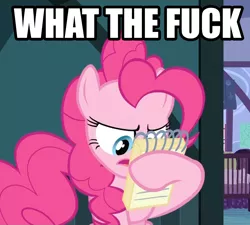 Size: 1200x1080 | Tagged: safe, derpibooru import, screencap, pinkie pie, earth pony, pony, female, frown, glare, hoof hold, image macro, mare, meme, notepad, open mouth, reaction image, reading, sitting, solo, text, vulgar, wtf