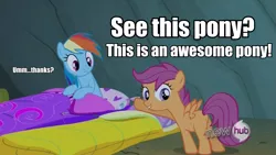 Size: 959x539 | Tagged: safe, derpibooru import, edit, edited screencap, screencap, rainbow dash, scootaloo, sleepless in ponyville, awesome pony, cave, hub logo, image macro, sleeping bag, text