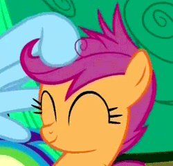 Size: 354x340 | Tagged: safe, derpibooru import, screencap, rainbow dash, scootaloo, pegasus, pony, sleepless in ponyville, animated, cute, cutealoo, eyes closed, female, filly, mare, noogie, offscreen character, scootalove, solo focus