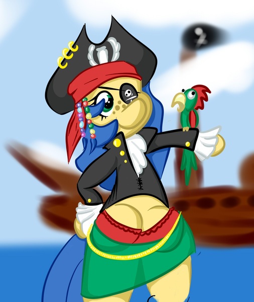 Size: 1205x1429 | Tagged: suggestive, artist:wizardski, derpibooru import, oc, oc:milky way, unofficial characters only, bird, parrot, pony, bipedal, clothes, crotchboobs, eyepatch, female, hat, impossibly large crotchboobs, mare, pirate, solo, solo female