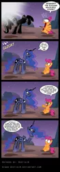 Size: 775x2208 | Tagged: safe, artist:niban-destikim, derpibooru import, princess luna, scootaloo, the headless horse (character), alicorn, headless horse, pegasus, pony, sleepless in ponyville, comic, dialogue, female, filly, luna module, mare, modular, scene interpretation, shrunken pupils, sweat, wide eyes