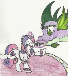 Size: 900x1008 | Tagged: safe, artist:enigmaticfrustration, derpibooru import, spike, sweetie belle, adult spike, female, magic, male, microphone, older, shipping, singing, spikebelle, straight, traditional art