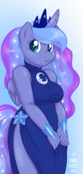 Size: 524x1100 | Tagged: alicorn, anthro, artist:onnanoko, clothes, curvy, cute, derpibooru import, dress, female, jewelry, looking at you, princess luna, safe, solo