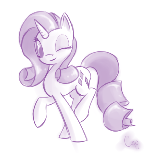 Size: 2000x2000 | Tagged: safe, artist:caumen, derpibooru import, rarity, pony, unicorn, female, mare, one eye closed, signature, simple background, solo, white background, wink