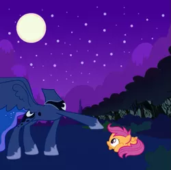 Size: 629x624 | Tagged: cowering, derpibooru import, forest, headless, headless horse, lying down, moon, mountain, night, pointing, princess luna, prone, safe, scared, scootaloo, sky, spread wings, standing, stars, the headless horse (character), tree