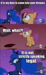 Size: 527x860 | Tagged: safe, derpibooru import, edit, edited screencap, screencap, princess luna, scootaloo, alicorn, pegasus, pony, sleepless in ponyville, caption, dream walker luna, female, filly, impact font, inception, mare, movie reference, wait what