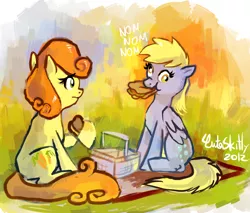 Size: 814x692 | Tagged: safe, artist:cuteskitty, derpibooru import, carrot top, derpy hooves, golden harvest, pegasus, pony, cute, cutie top, derpytop, female, lesbian, mare, nom, picnic, sandwich, shipping