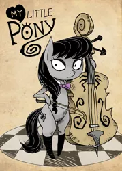 Size: 500x700 | Tagged: safe, artist:shepherd0821, derpibooru import, octavia melody, earth pony, pony, alternate hairstyle, bipedal, bow (instrument), cello, cello bow, clothes, female, mare, musical instrument, socks, stockings, style emulation, tim burton