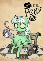 Size: 500x700 | Tagged: safe, artist:shepherd0821, derpibooru import, lyra heartstrings, pony, unicorn, bench, drink, drinking straw, female, hand, human behavior, mare, meme, sitting, sitting lyra, style emulation, tim burton