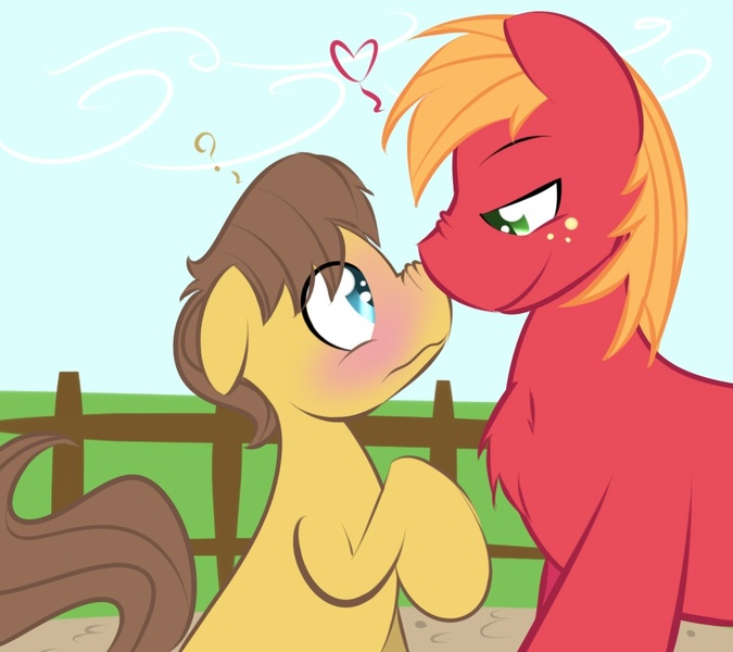 Size: 900x800 | Tagged: dead source, safe, artist:kryptchild, derpibooru import, big macintosh, caramel, earth pony, pony, blushing, boop, caramac, chest fluff, gay, heart, male, noseboop, shipping, stallion