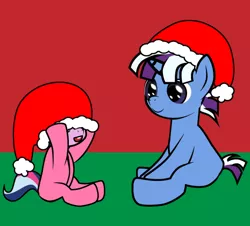 Size: 465x421 | Tagged: safe, artist:dekomaru, derpibooru import, oc, oc:aurora, oc:nebula, unofficial characters only, unicorn, tumblr:ask twixie, blank flank, brother and sister, christmas, clothes, colt, cute, female, filly, hat, magical lesbian spawn, male, offspring, onesie, pajamas, parent:trixie, parent:twilight sparkle, parents:twixie, santa hat