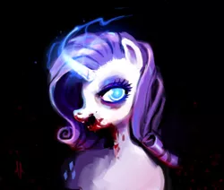 Size: 670x568 | Tagged: grimdark, artist:corpsecrow, derpibooru import, rarity, pony, unicorn, vampire, black background, blood, fangs, glowing horn, looking at you, magic, simple background, smiling