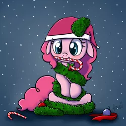 Size: 1000x1000 | Tagged: safe, artist:maplesunrise, derpibooru import, pinkie pie, ask snuggle pie, candy, candy cane, christmas, christmas ornament, decoration, food, hat, holly, mouth hold, ornament, santa hat, snow, snowfall, solo, tinsel