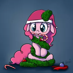 Size: 1000x1000 | Tagged: safe, artist:maplesunrise, derpibooru import, pinkie pie, ask snuggle pie, candy, candy cane, christmas, christmas ornament, cute, decoration, diapinkes, floppy ears, food, hat, holly, mouth hold, ornament, santa hat, solo, tinsel