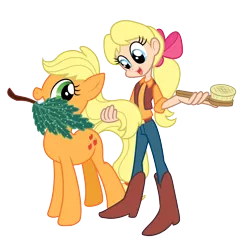 Size: 1990x1976 | Tagged: applejack, artist:trinityinyang, brushie, g1, g1 to g4, generation leap, human, megan williams, safe, simple background, square crossover, transparent background