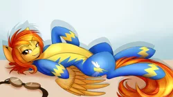 Size: 1920x1080 | Tagged: artist:spittfireart, chest fluff, derpibooru import, edit, female, lying down, on back, sexy, solo, solo female, spitfire, suggestive, wallpaper, wallpaper for the fearless, wonderbolts uniform