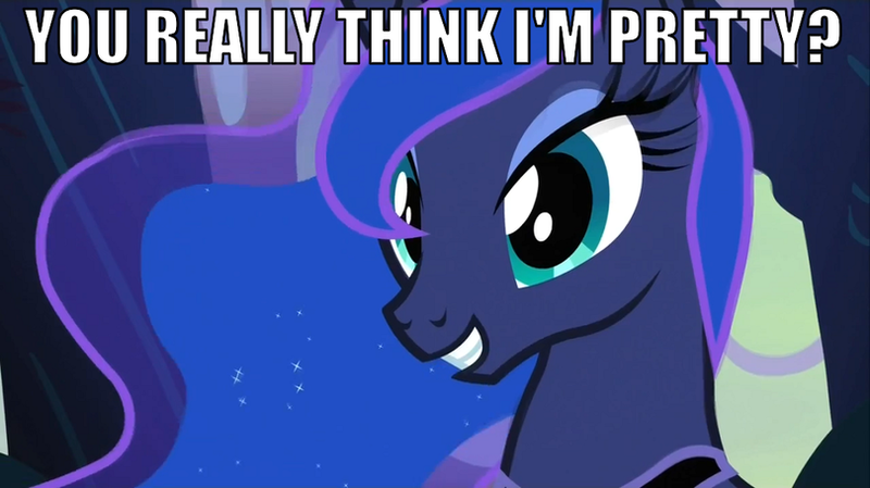 Size: 810x455 | Tagged: safe, derpibooru import, edit, edited screencap, screencap, princess luna, alicorn, pony, sleepless in ponyville, bronybait, female, grin, image macro, mare, smiling, solo