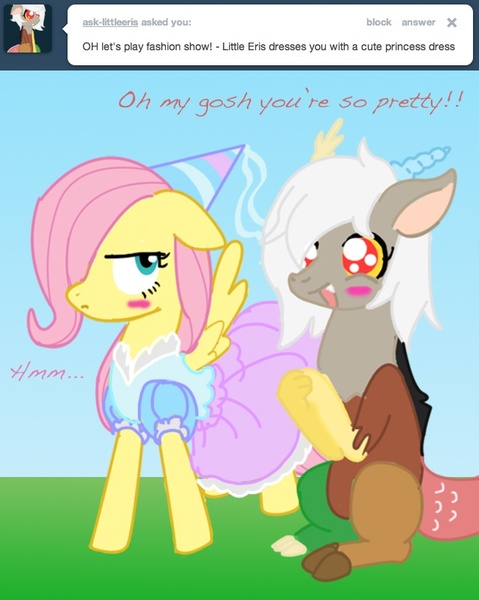 Size: 638x800 | Tagged: artist:shyflier, ask, clothes, derpibooru import, dress, eris, fluttershy, safe, tumblr