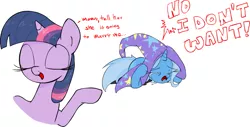 Size: 1161x592 | Tagged: safe, artist:zev, derpibooru import, trixie, twilight sparkle, pony, unicorn, cowering, crying, cute, do not want, eyes closed, female, frown, implied lesbian, implied shipping, implied twixie, mare, open mouth, prone, raised hoof, simple background, smiling, white background