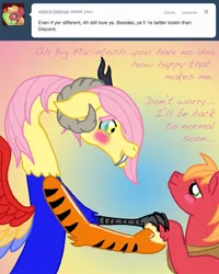 Size: 641x800 | Tagged: safe, derpibooru import, big macintosh, fluttershy, draconequus, earth pony, pony, draconequified, female, flutterequus, fluttermac, gradient background, male, ram horns, shipping, stallion