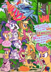 Size: 3508x4961 | Tagged: safe, alternate version, artist:jowybean, derpibooru import, apple bloom, applejack, rainbow dash, rarity, scootaloo, sweetie belle, duck, pig, camping outfit, comic, cutie mark crusaders, daffy duck, dashabuse, facehoof, faceplant, laughing, looney tunes, porky pig, rainbow crash, robin hood daffy, tears of laughter, yoiks and away