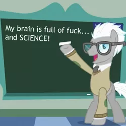 Size: 600x600 | Tagged: chalk, chalkboard, clothes, covalent board, covalent bond, exploitable meme, glasses, meme, my brain is full of fuck, my mind is full of fuck, safe, science, sweater, vulgar
