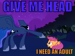 Size: 629x465 | Tagged: derpibooru import, headless, headless horse, image macro, princess luna, pun, safe, scootaloo, sleepless in ponyville, the headless horse (character)