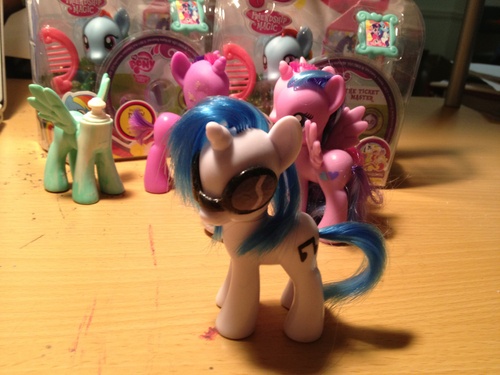 Size: 500x375 | Tagged: safe, artist:saucycustoms, derpibooru import, flitterheart, rainbow dash, vinyl scratch, brushable, custom, dvd, irl, photo, toy